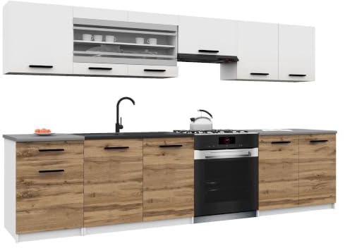 Belini Italia 4 Küchenzeile Küchenblock 260cm Weiß-Goldbraun | Küchenset als gerade Küchenzeile, weiße Korpusse, DECOR ECONATURA Material, kratzfest, ohne Elektrogeräte, mit Arbeitsplatte
