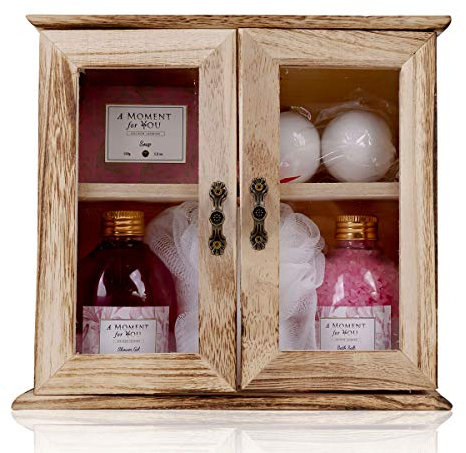 accentra Geschenkset für Frauen im Holzschränkchen mit Duschgel, Badesalz, Badebomben, Seife & Netzschwamm, Rosenduft