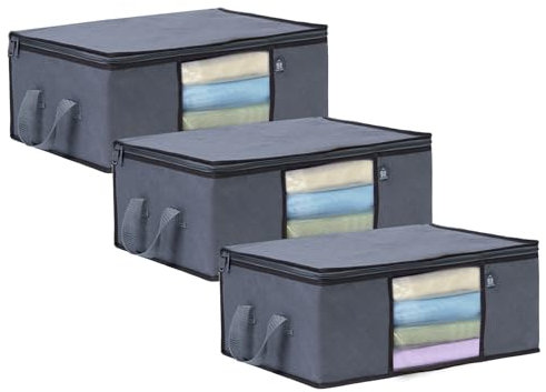 VENO 3 Stück Groß Aufbewahrungsbox mit Deckel, Aufbewahrungstasche für Bettdecken Kleidung Aufbewahrung Schrank Kleiderschrank Organizer, Faltbare Umzugskartons für Decken Kleider (3er-Pack)