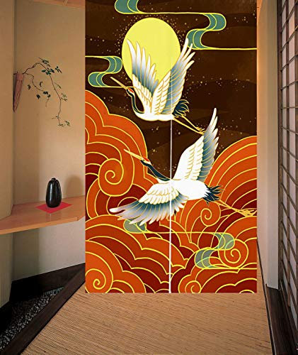 LIGICKY Rideau de Porte de Style Japonais Noren en Coton et Lin avec Motif grues et Lune, 85 x 120 cm