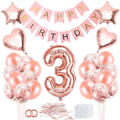 3 Jahre Geburtstag Mädchen Rosegold - Luftballon, Happy Birthday Banner, Konfetti - Geburtstagsdeko Set