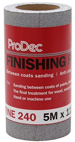 ProDec Rollo de 5m de papel de lija de grano fino 240 para lijado entre capas y lijado en automoción - Rollo de papel de lija de 115mm de ancho compatible con lijadoras a máquina y lijadoras manuales