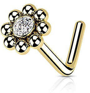 eeddoo® Nsen-Piercing Nostril-Nasenstecker aus Edelstahl Blume mit KUgelrand und Kristall ((3) Gold)