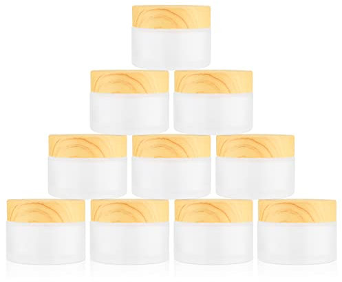 DMuuuDM 1 Oz 10 Pack Frosted Glass Face Cream Jars,Empty Cream Jars Holder Case with Wood Grain Lid&Inner liner,Sample Cosmetic Container Vials Pot for Eyeshadow,Lotion,Foundation,Lip Balm