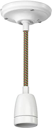 ledscom.de E27 Porzellan- Pendelleuchte weiß, Textikabel bunt, DIY, 230V AC, max. 300W