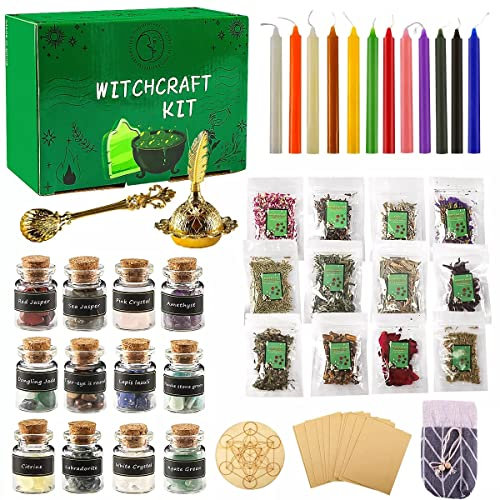 52 pièces Fournitures et Outils de Sorcellerie, Comprend des Bougies Colorées, Cristal, Herbes Séchées, Cadeaux pour Débutants en Sorcellerie Utilisé pour Les Prières, Le Mantra (52 PCS) (52 Pcs)