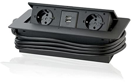 Steckdose versenkbar 2 Schuko Stecker/ 2 USB. Einbausteckdose mit 3 m Kabel für Küche, Büro. Platzsparende Anordnung der Steckplätze, 250V AC, IP20, schwarz, max 3600 Watt