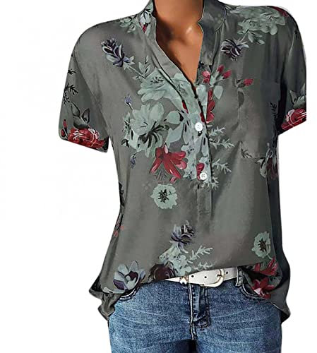 Blusen & Tuniken für Damen Bluse Kurzarm V-Ausschnitt Hemdbluse Sommer Shirt Blumen Knopfleiste Tunika Tops Oversize Locker Oberteil Longshirt Hemd (Grau, S)