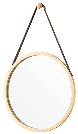 Miroir Mural Design Glace de Forme Ronde à Corde en Similicuir Cadre en Bambou Diamètre 35 cm Naturel