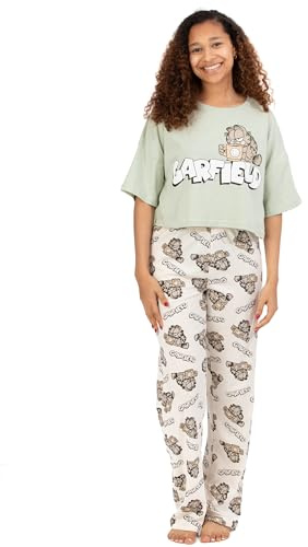 Garfield Womens Pyjamas | Adults Ladies Lazy Tabby Cat Green T-Shirt With Cream Long Bottoms Pjs | Movie Merchandise