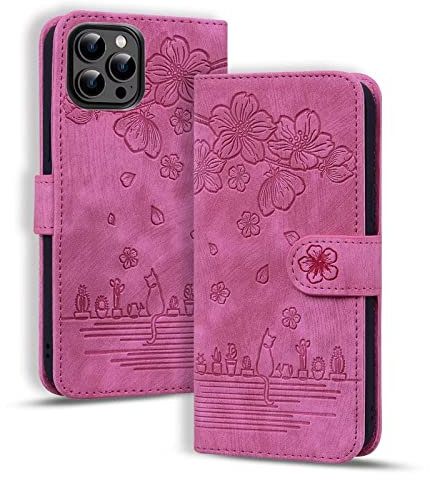 Rosbtib Custodia Compatibile con iPhone 14 Pro, Pelle Premium Magnetica Flip Cover Funzione Supporto Portafoglio Cover per iPhone 14 Pro 6.1, Rosa di Rosso Gatto