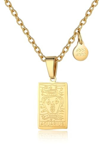 RIXERKOC Sternzeichen-Halskette für Frauen Konstellation Tarot-Karten-Anhänger Doppelseitig 18K Gold Edelstahl Sternzeichen-Schmuck Geschenke für Mädchen (Aquarius)