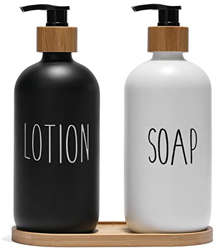 FEILANDUO Glass Soap Dispenser Set, Kitchen & Bathroom Dispenser with Bamboo Pump and Soap Tray, Farmhouse Home Decor (Black + White)