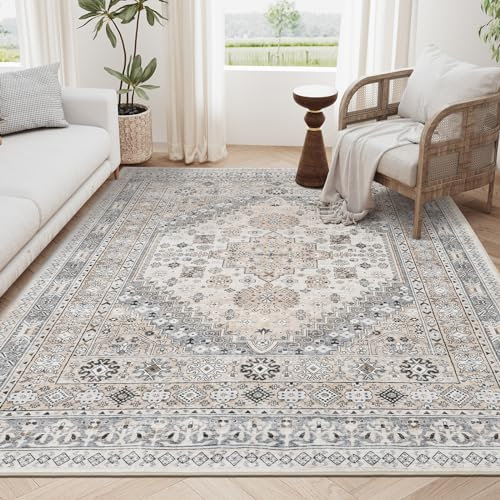 zesthome Teppich, 20,3 x 25,4 cm, für Wohnzimmer, schmutzabweisend, rutschfeste Unterseite, waschbar, Vintage-Boho-Stil, persischer Teppich (Beige, 20,4 x 25,4 cm)