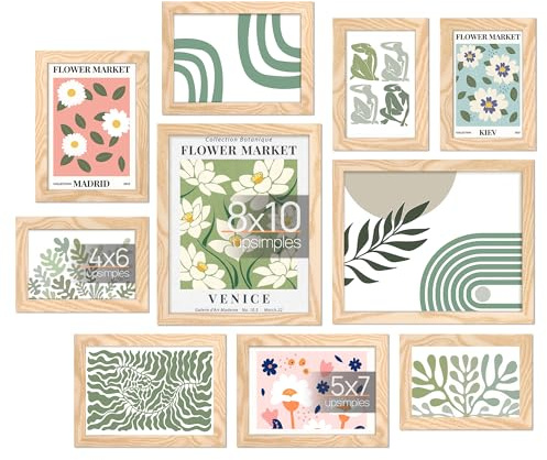 upsimples 10 Pack Picture Frames Collage Wall Decor for Mounting or Tabletop Display, Photo Gallery Frame Set for Family, Multi Sizes Including 8x10, 5x7, 4x6, Natural