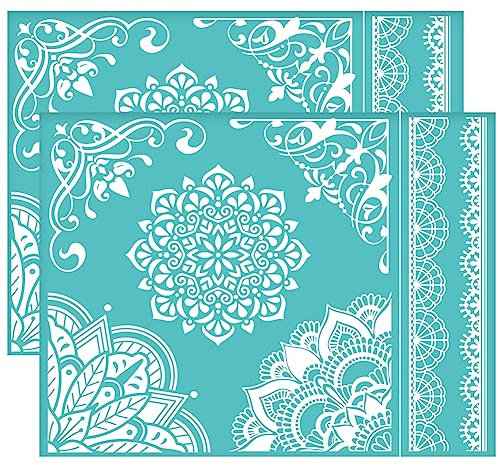 OLYCRAFT 2 Stück Selbstklebende Siebdruck Schablone Mandala Muster Netz Transfer Schablone Vintage Rand Eck Siebdruck Schablone Zum Malen Auf Holz DIY T-Shirt Stoff - 28x22cm