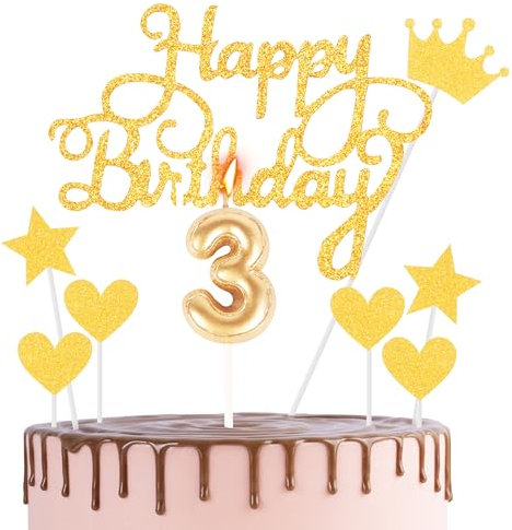 HONGCI Happy 3rd Birthday Cake Topper & Birthday Candle Gold Number 3 Candle for Birthday Cake - 3rd Birthday Candles Cake Cupcake Topper Birthday Cake Decorations for Boys Girls Birthday Gold