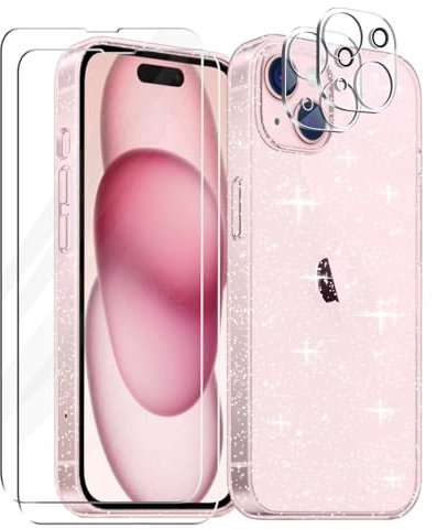 Coque Compatible avec iPhone 15, 2 Pièces Verre Trempé Protection Écran & 2 Pièces Protecteur de Caméra, Housse Transparente à Paillettes en Silicone Souple Glitter Étui TPU Case Cover