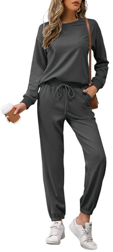 REORIA Damen Tracksuit Langarm Rundhalsausschnitt Einfarbig Zweiteiler Outfit Hoodie Jogger Trainingsanzug Set Sweatshirt & Jogginghose Dunkelgrau M