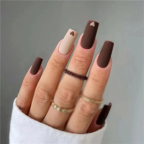 Lot de 24 faux ongles carrés en forme de cœur d'automne - Marron mat - Décoration d'ongles pour femmes et filles