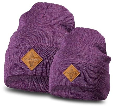 Soulbuddy Beanie - 2er Set Lila Melange | Partnerlook-Set | 1 Herren oder Damen Wintermütze (One Size - 54-62 cm) und 1 Kinder Strickmütze (Größe S - 40-45 cm)