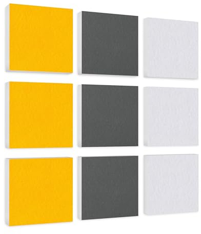 platino24 Akustikpaneele 9 Elemente Colore Quadrat 27,5 x 27,5 cm Gelb + Grau + Weiß I Schallabsorber aus Basotect G+ mit Akustikfilz I Schalldämmung Wand & Decke I Akustikelemente Wandpaneel