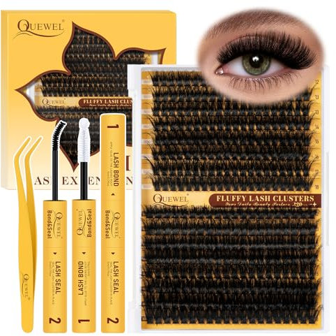 QUEWEL Lash Extension Kit 320Pcs 80D+100D Cluster-Lashes Mix 12-18mm Thick Eyelash-Clusters Bond and Seal and Lash Tweezers Easy DIY at Home(80D+100D Flufy Kit)