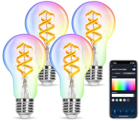 Aigostar Alexa Glühbirne E27, RGBW 4.9W 420LM Smart Bulb A60 2700K, Kompatibel Mit Alexa und Google Home, Wlan Lampe Warmes Licht, 4 Stücke