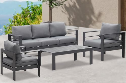 GLP Gartenmöbel Set Aluminium, Neumodisches Lounge möbel für 5 Personen mit Sofa, Tisch, Hocker & Kissen, für Innen- und Außenbereich (Grau & Dunkelgrau - 5 Sitzplätze)