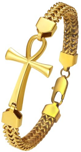 Flongo Armband Herren Ankh Kreuz: bracelet men gold Franco Armkette Edelstahl königskette Double Row Woven Chain mit Egyptian Cross Amulett mens jewellery Armbänder für Damen Männer Jungen