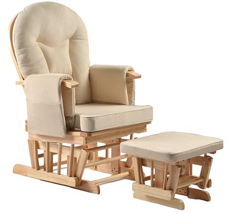 BlinqBlinq Relaxsessel mit Hocker - Stillsessel und Fernsehsessel, Schaukelstuhl Funktion, Ideal für Jedes Wohnzimmer, Naturholz Sessel Beige, Lesesessel mit liegefunktion