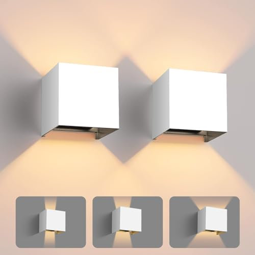 vatato 2 Stück LED Wandleuchte 12W, Innen/Aussen Aluminium Wandlampe Einstellbarer Lichtstrahl, 3000K Warmweiß Außenwandleuchte IP54 für Wohnzimmer Schlafzimmer Garten (Weiß)