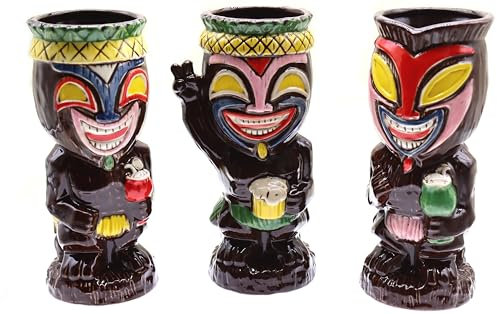 Tiki-Becher, Polynesisch, Cocktailglas, Tikis, Keramiktassen, inspiriert von polynesischen Kultur, exotische und tropische Getränke, hawaiianisch, Cocktail, 3 Stück