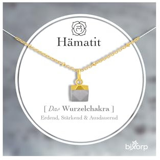 Bixorp Hämatit Chakra Halskette – Handgefertigter Hämatit Anhänger – Vergoldete Edelstahlkette auf Geschenkkarte mit Geschenkumschlag – (36 cm + 8 cm verstellbar)