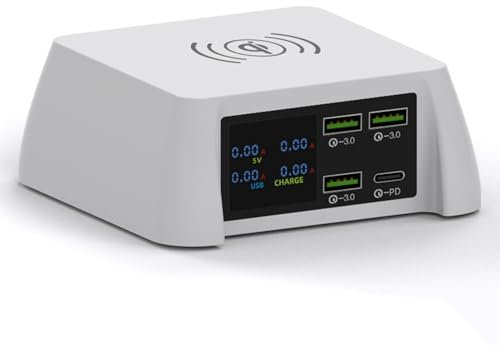 100 W Schnelllade-QI-Wireless-Smart-Ladegerät + 4-Port-Schnellladestation-Adapter mit LED-Digitalanzeige für Telefon, Tablet, Laptop, MP3, MP4, DV (110 – 240 V)
