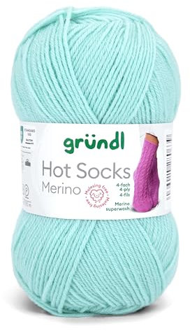 Gründl Hot Socks Merino, Sockenwolle pastell mint mit Merinowolle, Strumpfwolle 4-fädig 50g / 200m, Sockengarn 4fädig uni einfarbig (05 mint)