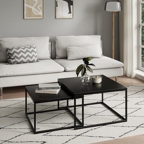 Couchtisch 2er Set quadratisch weiß aus Holz, Wohnzimmertisch Modern, Beistelltisch Set 2 in 1 mit Metallgestell für Wohnzimmer Büro Beistelltisch Loft Design Twin, Kratzfeste Oberfläche