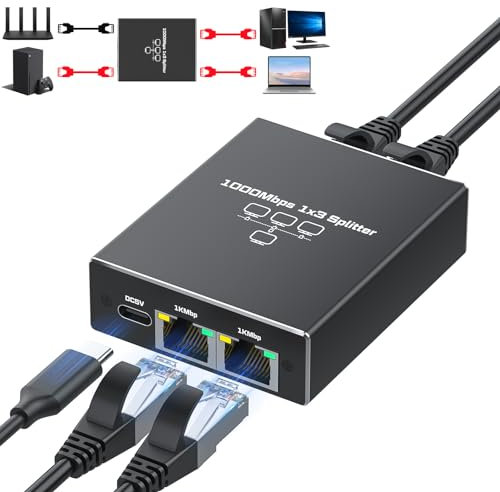 1000Mbps 1 to 3 Ethernet Splitter, High Speed Internet LAN Splitter Switch With USB C Power Cable for Computers, Hubs, Switches, Routers, Set-Top Boxes, Digital TV, Etc