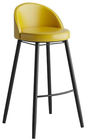 Moderno taburete de bar de 60 cm de altura con respaldo bajo, asiento de piel sintética, patas de metal negro, elegante silla de bar para isla de cocina, pieza de acento amarillo