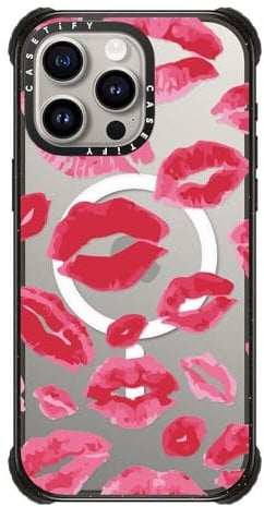 CASETiFY Ultra Impact iPhone 15 Pro Max Case [Strong Slim / 11.5ft 5X Militray Grade Drop Protection/Compatible with Magsafe] - Lipstick Kisses - Clear Black