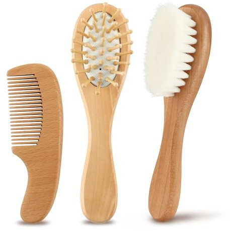 Baby Kamm Set, Baby Haarbürste, Natürliche Holz Babyhaar Haarbürste mit weichen Ziegenborsten, für Säuglinge, Kopfhautpflege, Babyzubehör