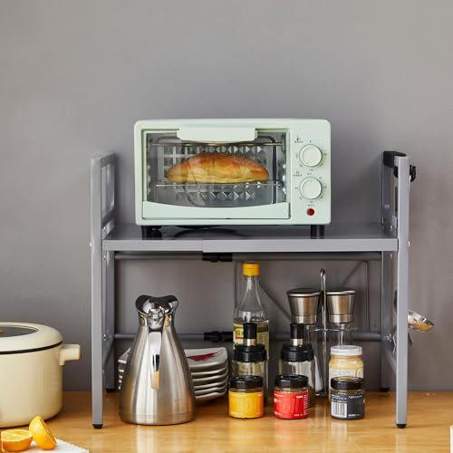 Rainbow Tree 2-Tier Expandable Microwave Oven Rack Countertop for Kitchen, Microwave Shelf Stand Metal with 6 Hooks, Baker Rack, Adjustable Kitchen Shelf Organizer Grey(Grey, 2-Tier)