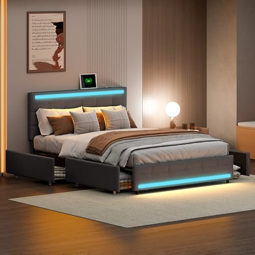 LONELYO Bett 140x200 mit Lattenrost, Doppelbett mit Stauraum, Polsterbett 140x200cm, LED-Beleuchtung, 4 Schubladen, USB- und Typ-C-Anschlüsse, Grauer Stoff, modernes Stauraumbett (Grau 1, 140x200)