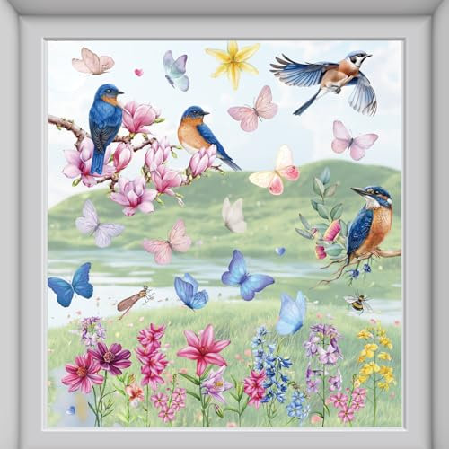 AYSYR Statische Aufkleber für Fenster Sommer,Fenster Deko Beidseitige Farbe,Fensteraufkleber Vögelchen Kein Klebstoff,Statischer Antikollisionsaufkleber für DIY,Geeignet für Kinderzimmer,Babyzimmer