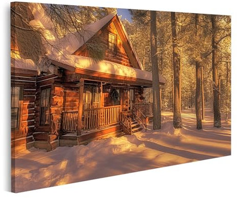 islandburner Bild auf Leinwand Holzhaus im verschneiten Wald bei Sonnenuntergang für Wohnzimmer Naturliebhaber Kunstgalerie Bilder Wandbilder Poster
