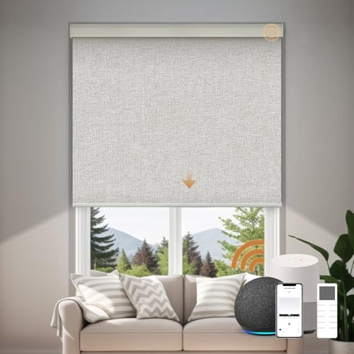 Stores occultants motorisés intelligents avec télécommande, compatible avec Google, stores à rouleau automatique pour fenêtres, rechargeables, sans fil, options de taille personnalisée, tissu beige
