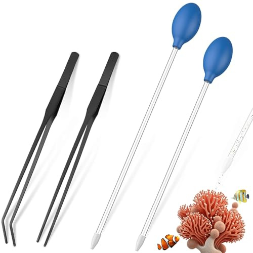 KABASI 4 in 1 Aquarium Coral Feeder Kit, 2PCS Coral SPS HPS Coral Feeder with 2PCS Tweezers, Long Arcylic Marine Reef Aquarium Syringe Liquid Fertilizer HPS Tube for Reef/Anemones/Eels/Lionfish