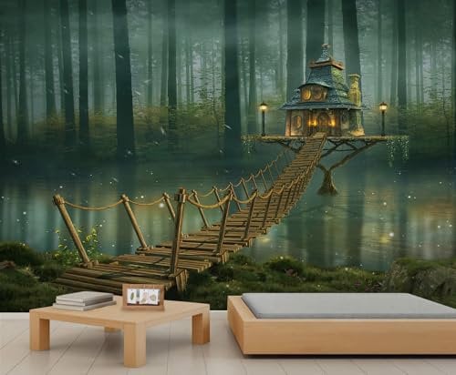 YEMYOR Forest Hut Murals Mysterious Primitive Forest Mural Wallpaper Small Bridge Creek Wall Paintings Misty Forests Landscape Wallpaper For Living Room Bedroom-200x140cm