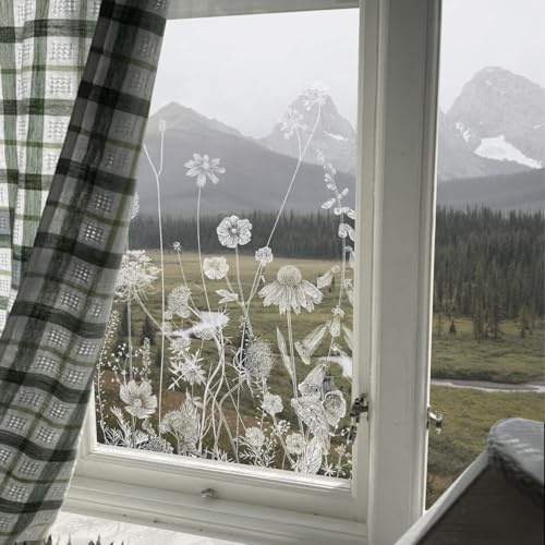 ChicSkin Durchsichtige Fensterfolie mit Blumenmuster, dekorativ, geätztes Glas, weiße Fensterfolie für Glas, Gänseblümchen und Wildblumen, 57 x 40 cm