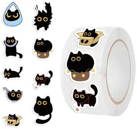Cat Stickers Roll, Cartoon Black Kitten Decals, Aesthetic Laptop Accessories, Waterproof Adhesive Design, Scrapbooking Decals for Journals, Envelope Sealing, Water Bottles Decor